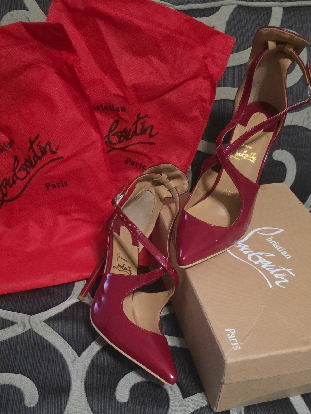 Christian Louboutin Candy Apple Red Patent Leather Cross-Strap Pointed Pumps